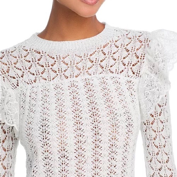 AQUA Pointelle White L/s Open Knit Pullover Sweater XS Feminine Cottegecore Lace - Picture 2 of 10